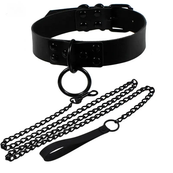 Collier de laisse en cuir synthétique noir avec anneau D et chaîne noire, style gothique punk