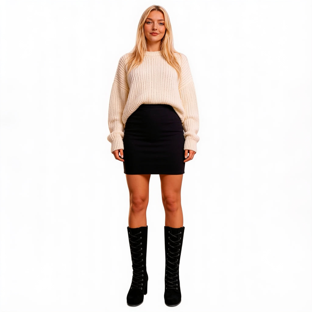 Bottes mi-mollet à lacets, talon carré effet daim – sur fond blanc