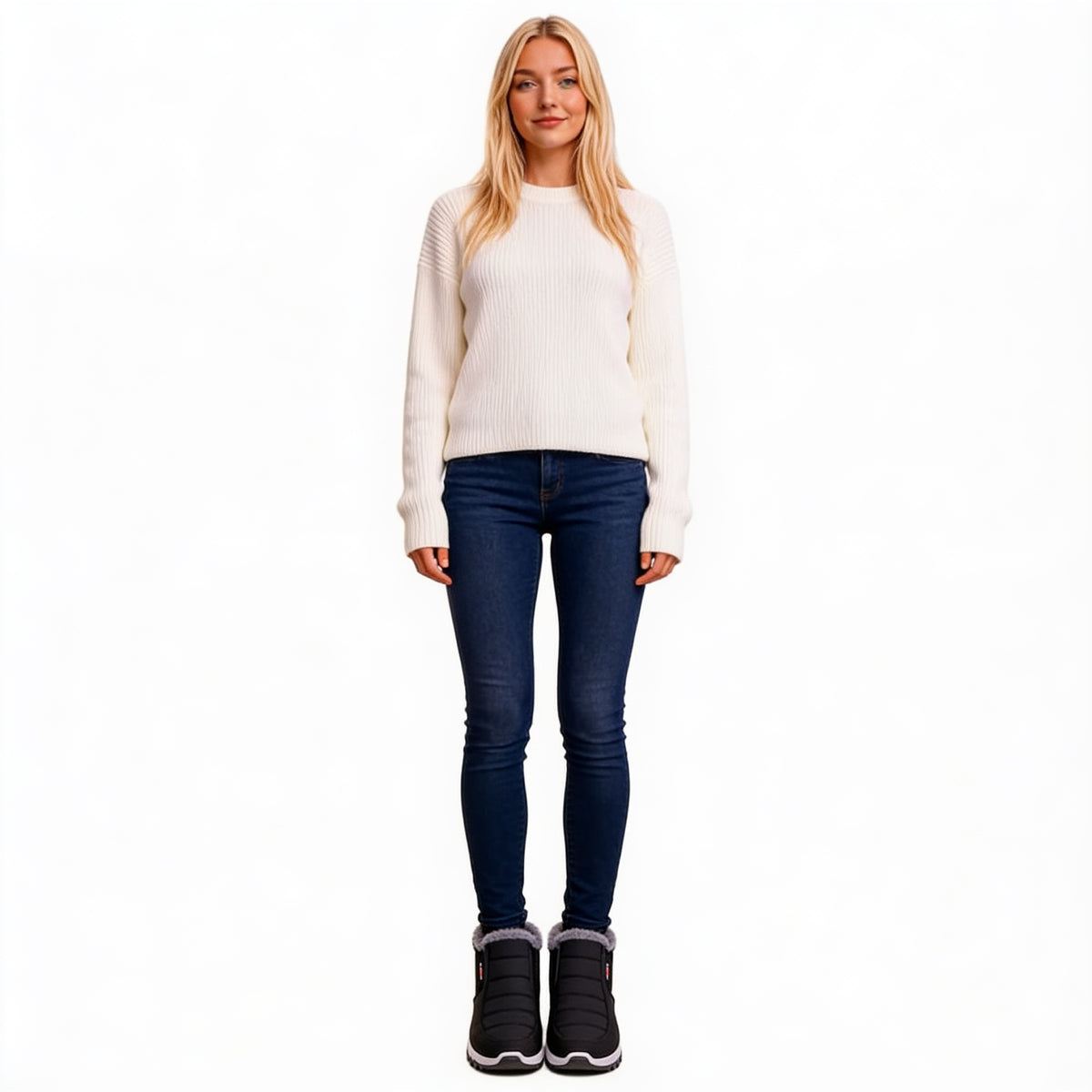 Bottines fourrées à enfiler, semelle crantée – Noir – sur fond blanc