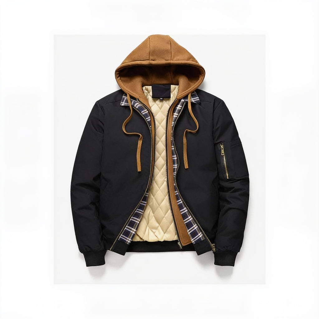 Blouson homme à capuche façon deux-pièces – 3 coloris – sur fond blanc
