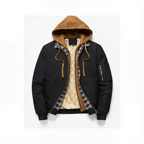 Blouson homme à capuche façon deux-pièces – 3 coloris – sur fond blanc