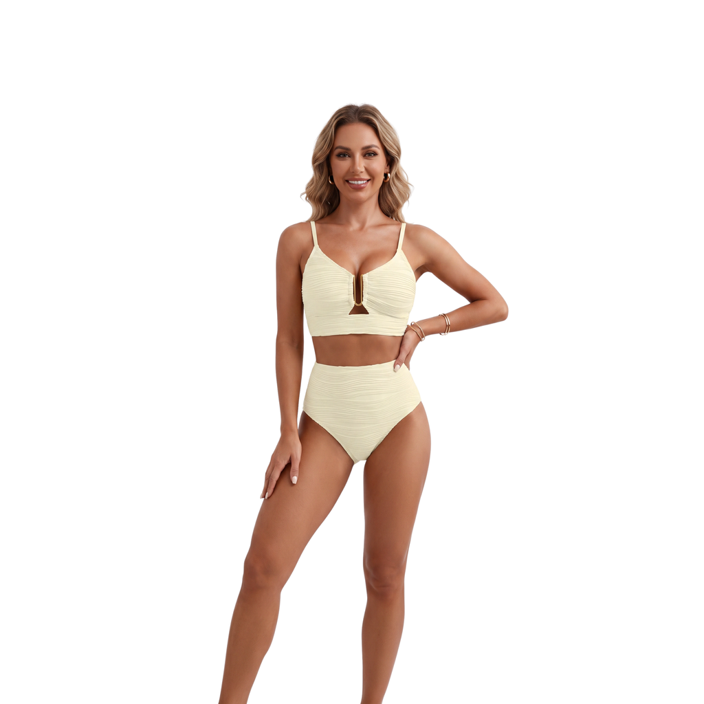 Zweiteiliger High-Waist Triangel-Badeanzug – Pure Color