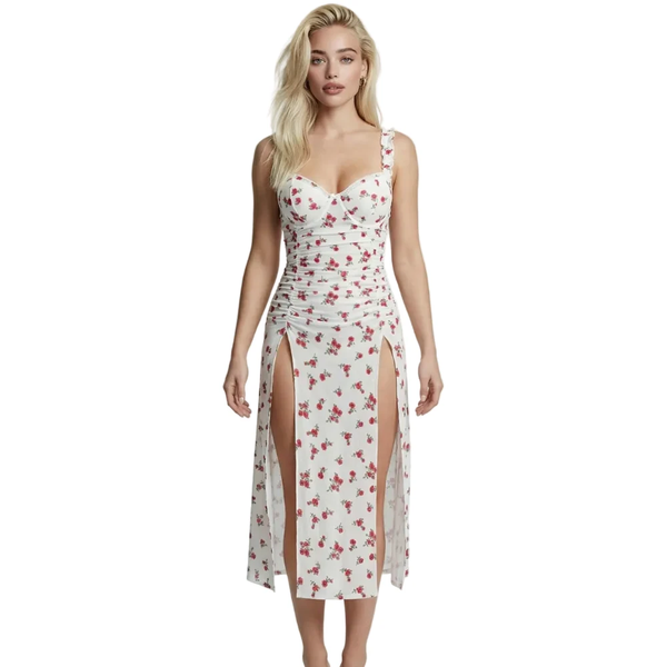 Les Secrets de Léa – Robe longue fendue imprimée fleurie blanche – Gabriella - LSDLBoutique