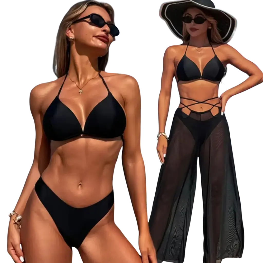 Les Secrets de Léa – Maillot de bain triangle trois pièces avec pantalon voile – Tahina - LSDLBoutique