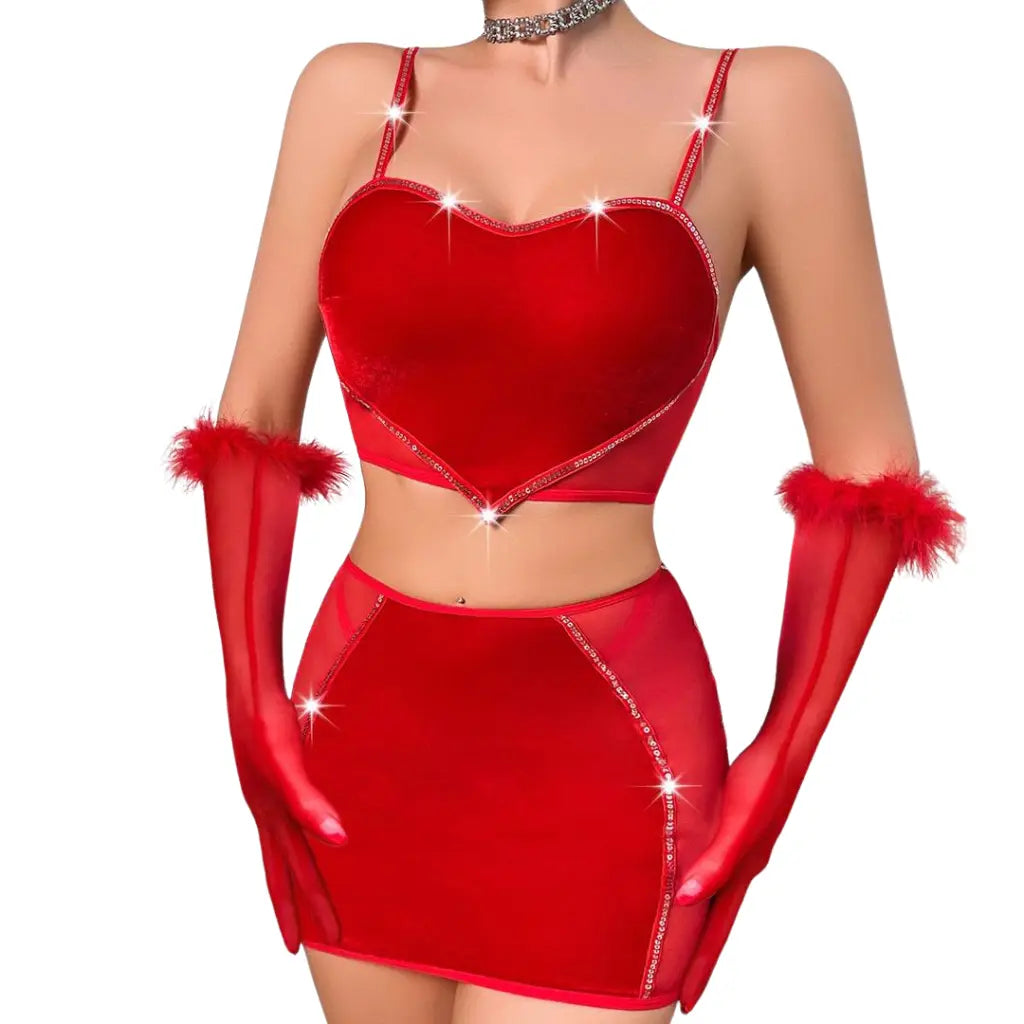 Les Secrets de Léa – Ensemble en velours rouge avec jupe courte et gants – Clara - LSDLBoutique