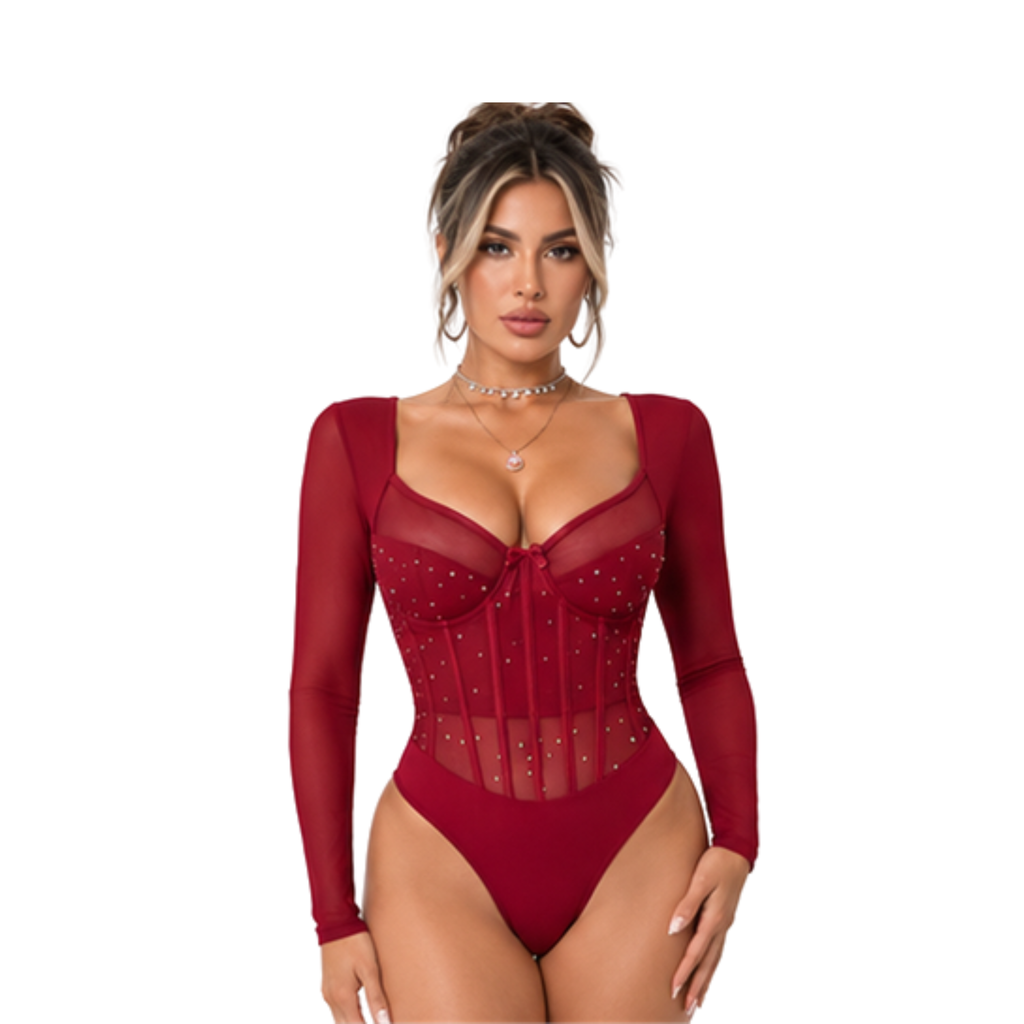 Roter Body aus Tüll mit Strasssteinen, langärmelig – Ruth