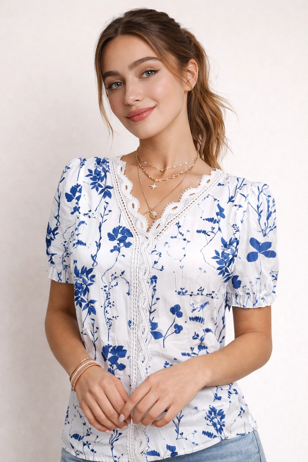 Chemise de vacances féminine en jacquard – Col V ajouré - LSDLBoutique