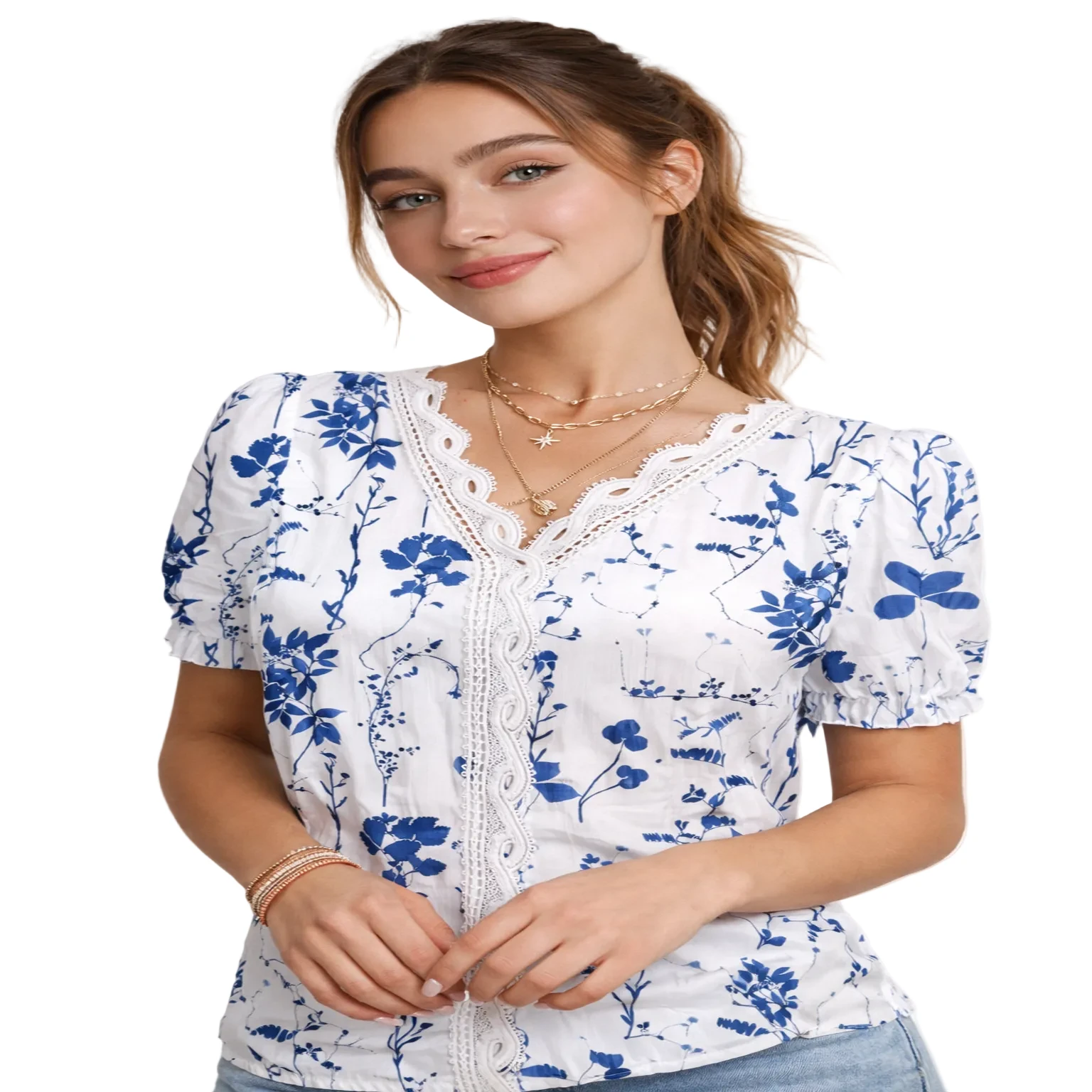 Chemise de vacances féminine en jacquard – Col V ajouré - LSDLBoutique