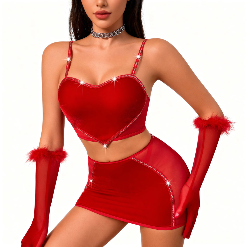 Les Secrets de Léa – Ensemble en velours rouge avec jupe courte et gants – Clara - LSDLBoutique