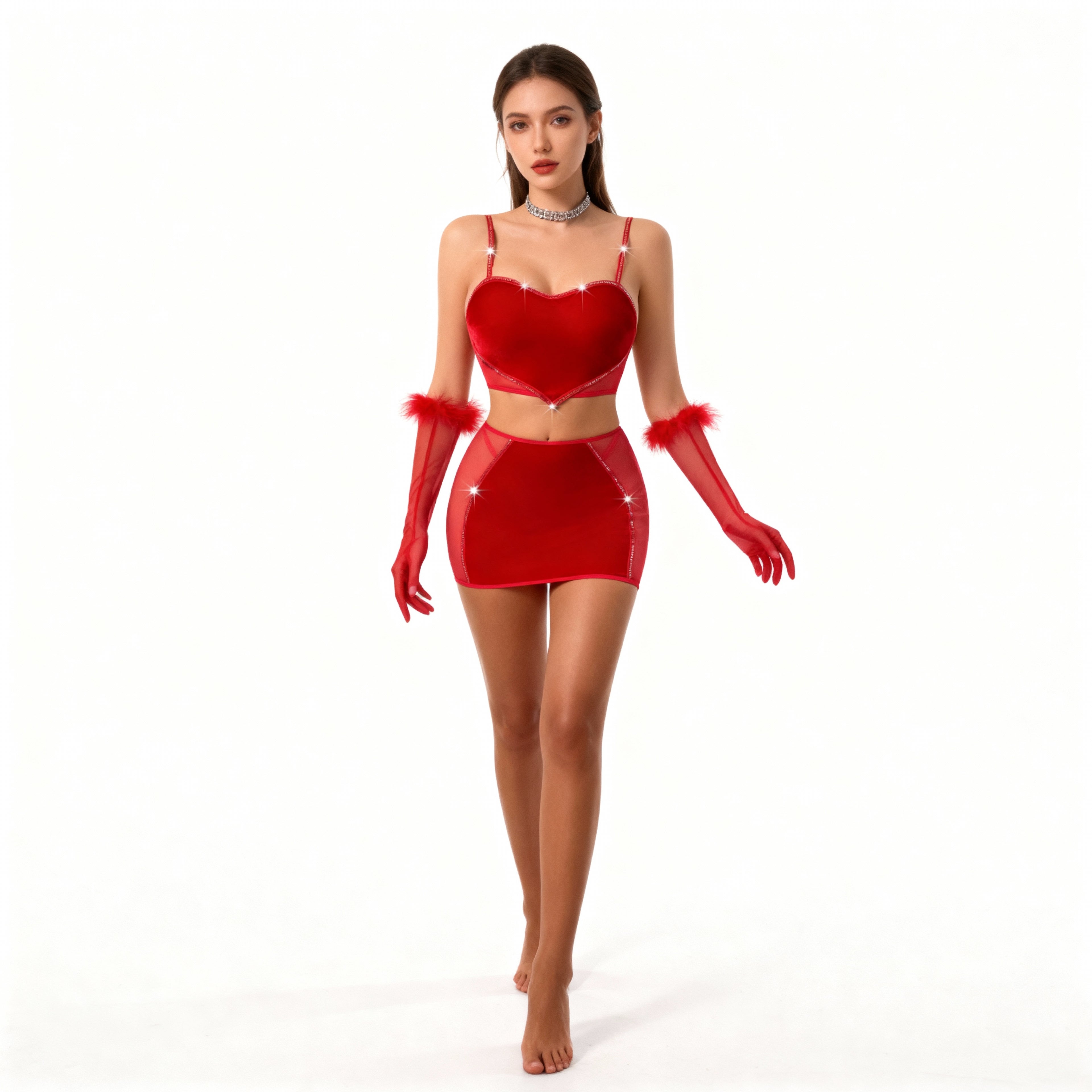 Les Secrets de Léa – Ensemble en velours rouge avec jupe courte et gants – Clara - LSDLBoutique