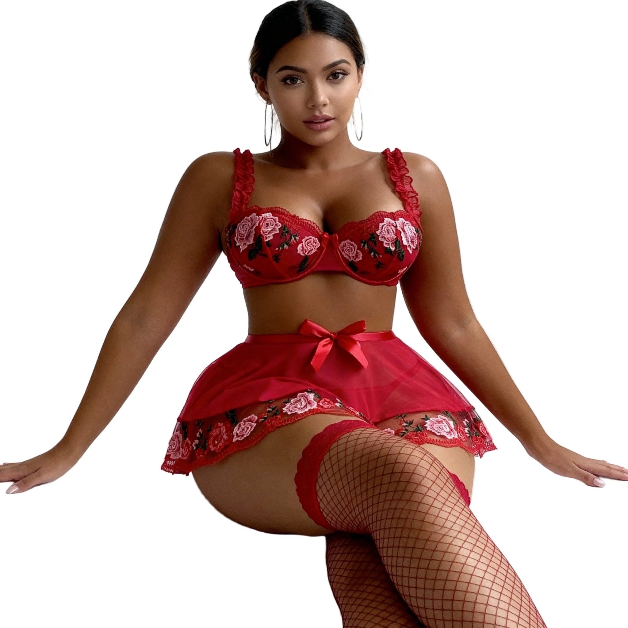 Les Secrets De Léa Ensemble Fanny Rouge Dentelle Fleuri - LSDLBoutique