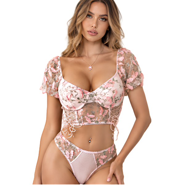 Besticktes Set mit rosa Schmetterlingen und Puffärmeln – Julia