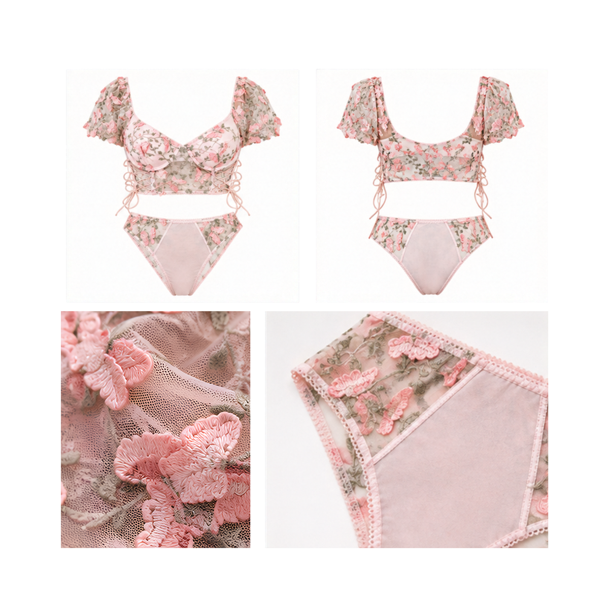 Besticktes Set mit rosa Schmetterlingen und Puffärmeln – Julia
