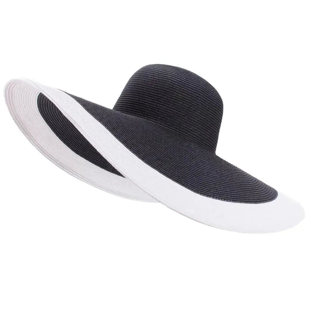 Chapeau de soleil en paille pliable à large bord noir avec bord blanc, LSDLBoutique A330