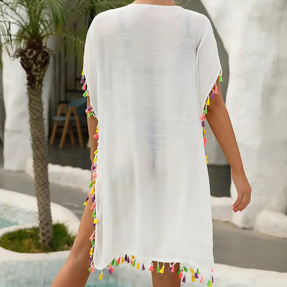 Tunique de plage en crochet blanche avec franges multicolores, cover-up femme