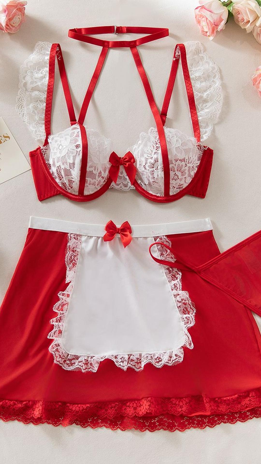 Les Secrets de Léa – Ensemble lingerie en dentelle rouge et blanche trois pièces – Louise - LSDLBoutique