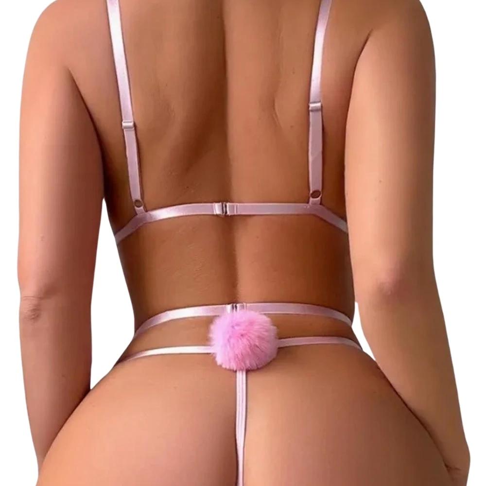 Les Secrets de Léa – Ensemble body ouvert avec plumes rose poudré – Bunny - LSDLBoutique