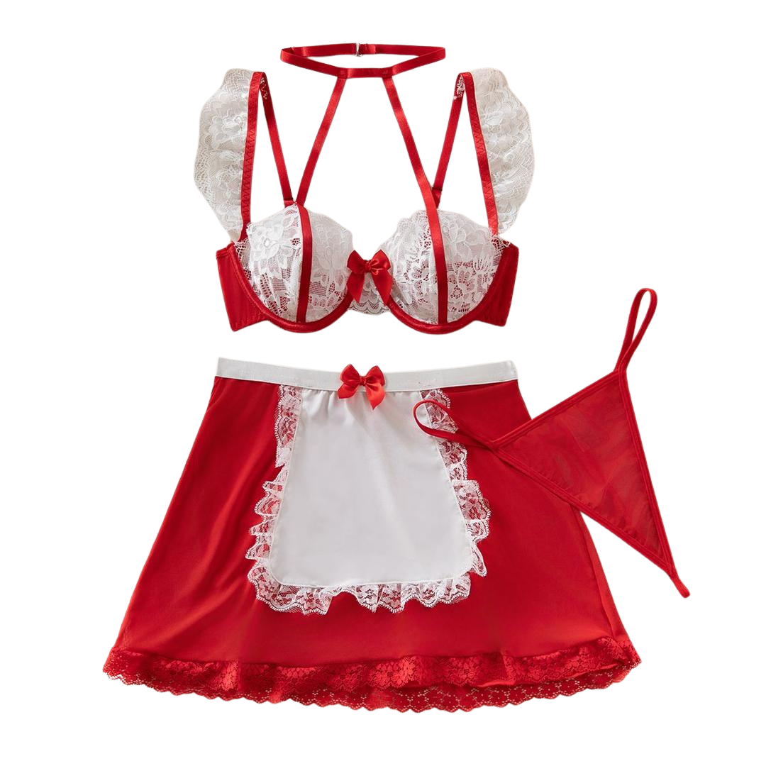 Les Secrets de Léa – Ensemble lingerie en dentelle rouge et blanche trois pièces – Louise - LSDLBoutique