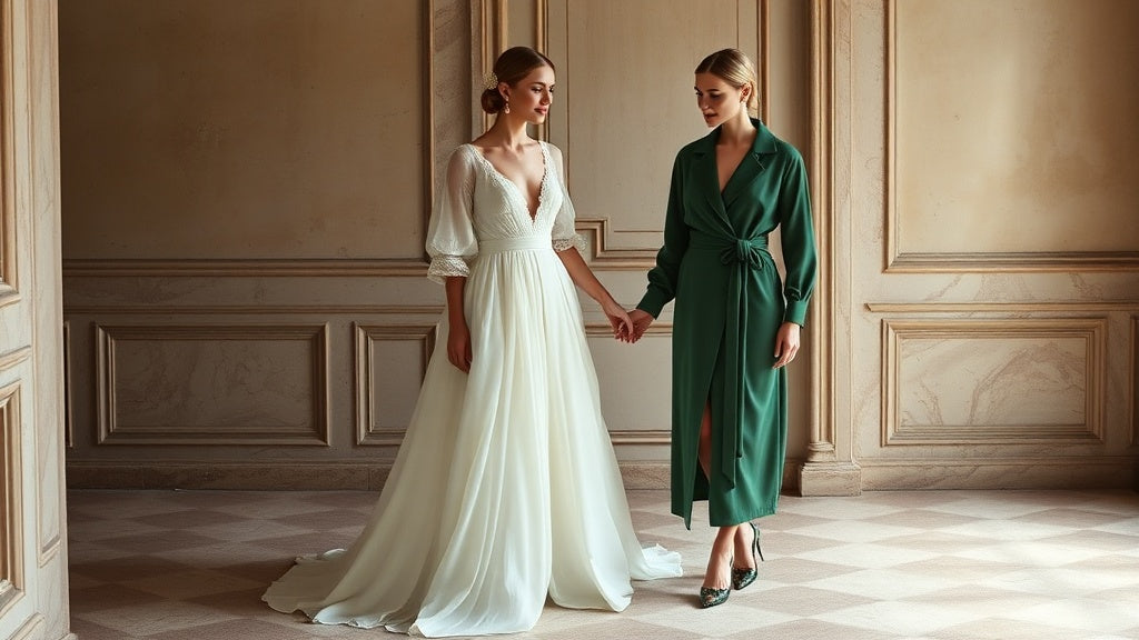 Timeless elegance: long white wedding dresses and sage green dresses inspired by Bridgerton