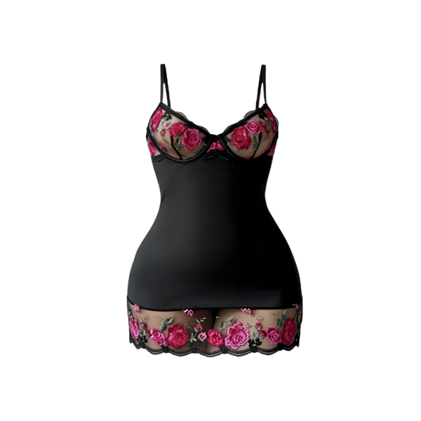 Nuisette noire brodée de roses – Letitia