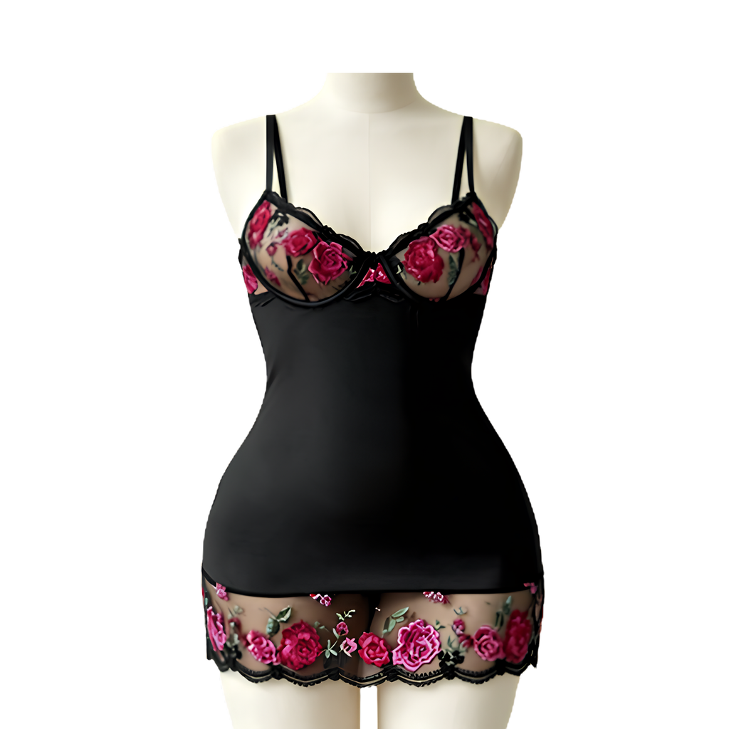 Nuisette noire brodée de roses – Letitia