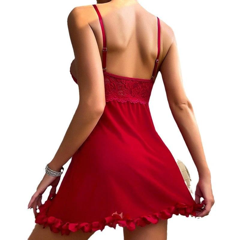 Les Secrets de Léa – Nuisette rouge en dentelle et mesh avec motif chaîne – Capucine - LSDLBoutique