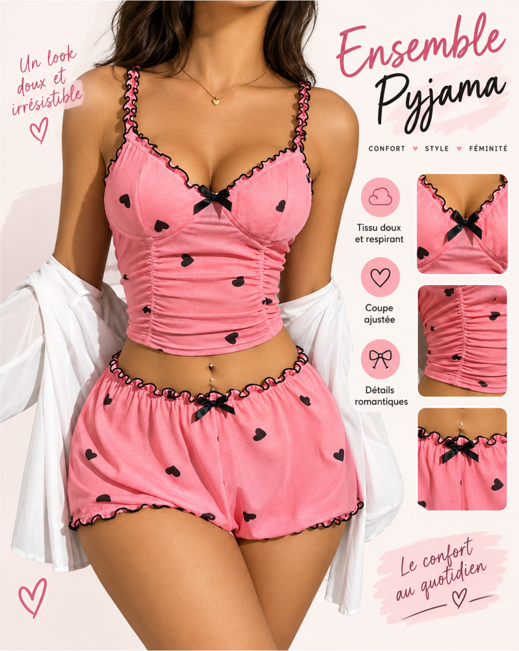 Pink Camisole and Shorts Pyjama with Black Hearts – Kim