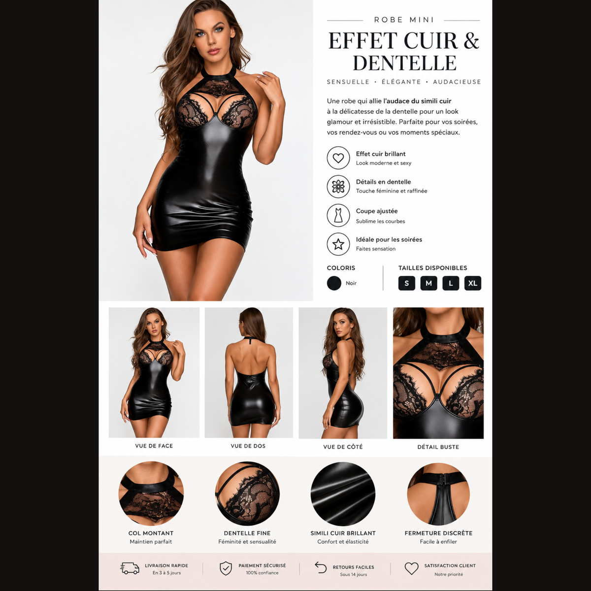 Robe effet cuir et dentelle noire, taille unique – Morgane