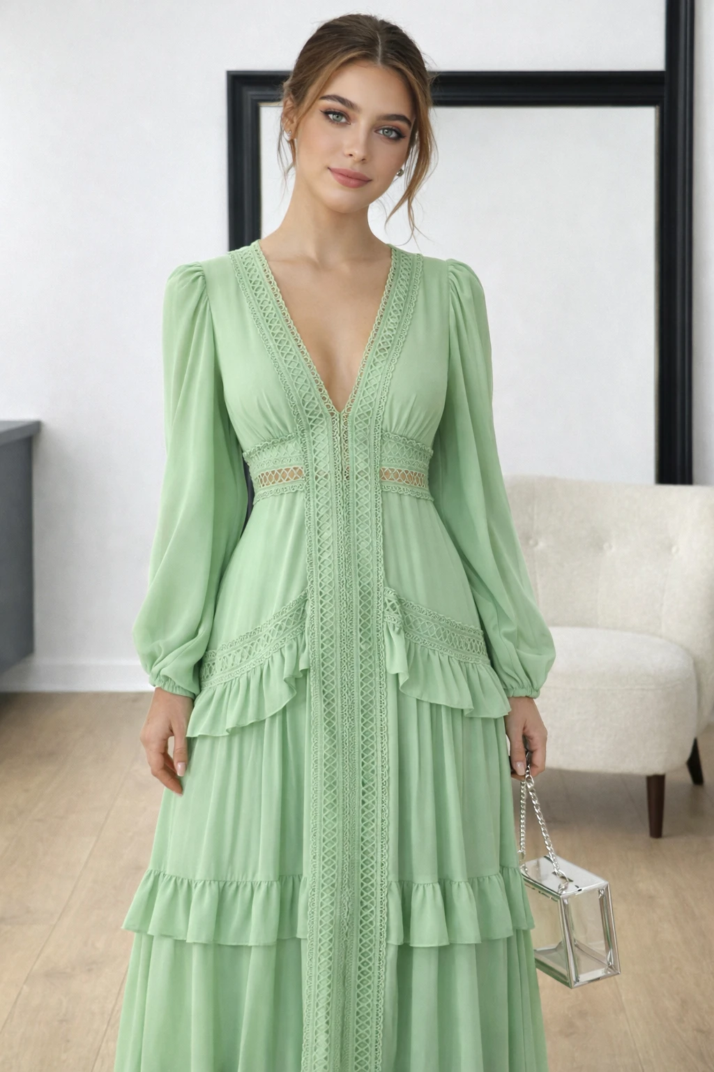 Robe longue ajourée col V taille empire manches lanternes - LSDLBoutique