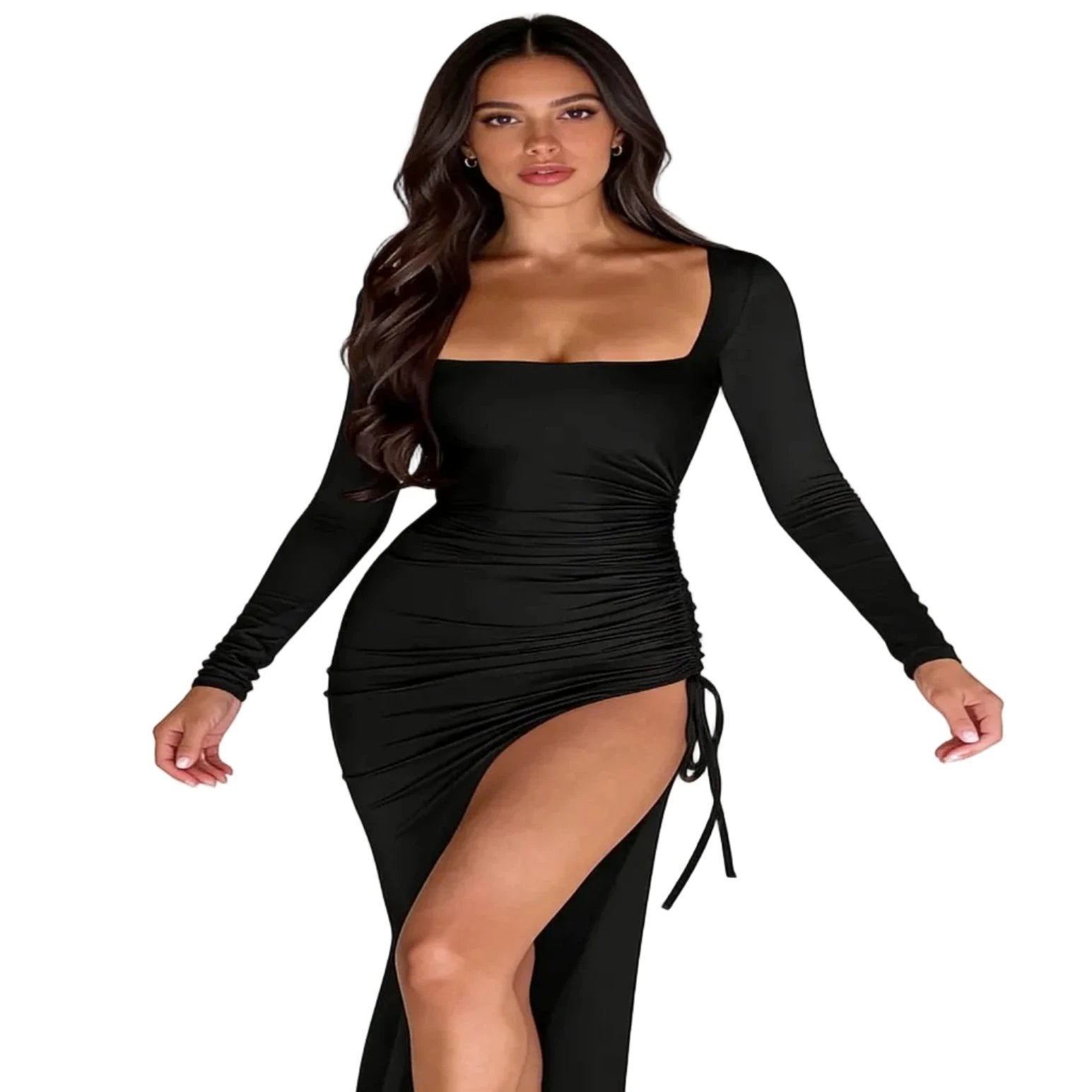 Robe longue froncée col carré noire – Clémence - LSDLBoutique