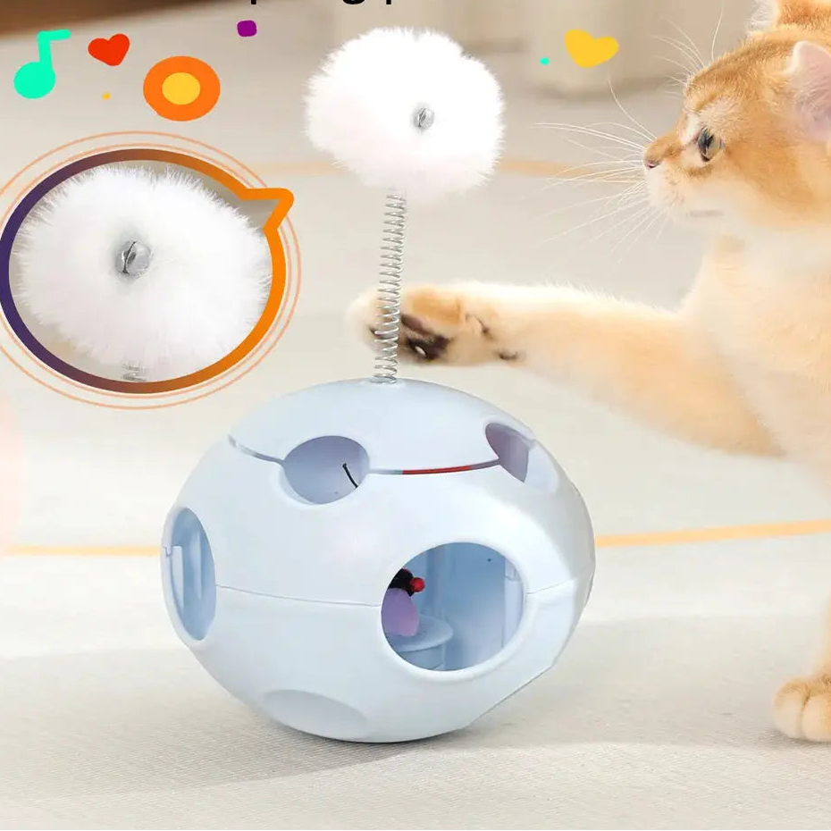 Jouet interactif pour chats: sphère bleu clair avec ouvertures, ressort et balle peluche blanche