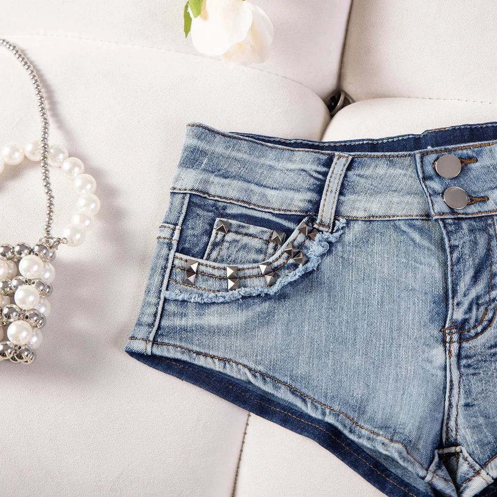 Short En Jean Femme Déchiré Taille Basse Rivets Y2K - LSDLBoutique