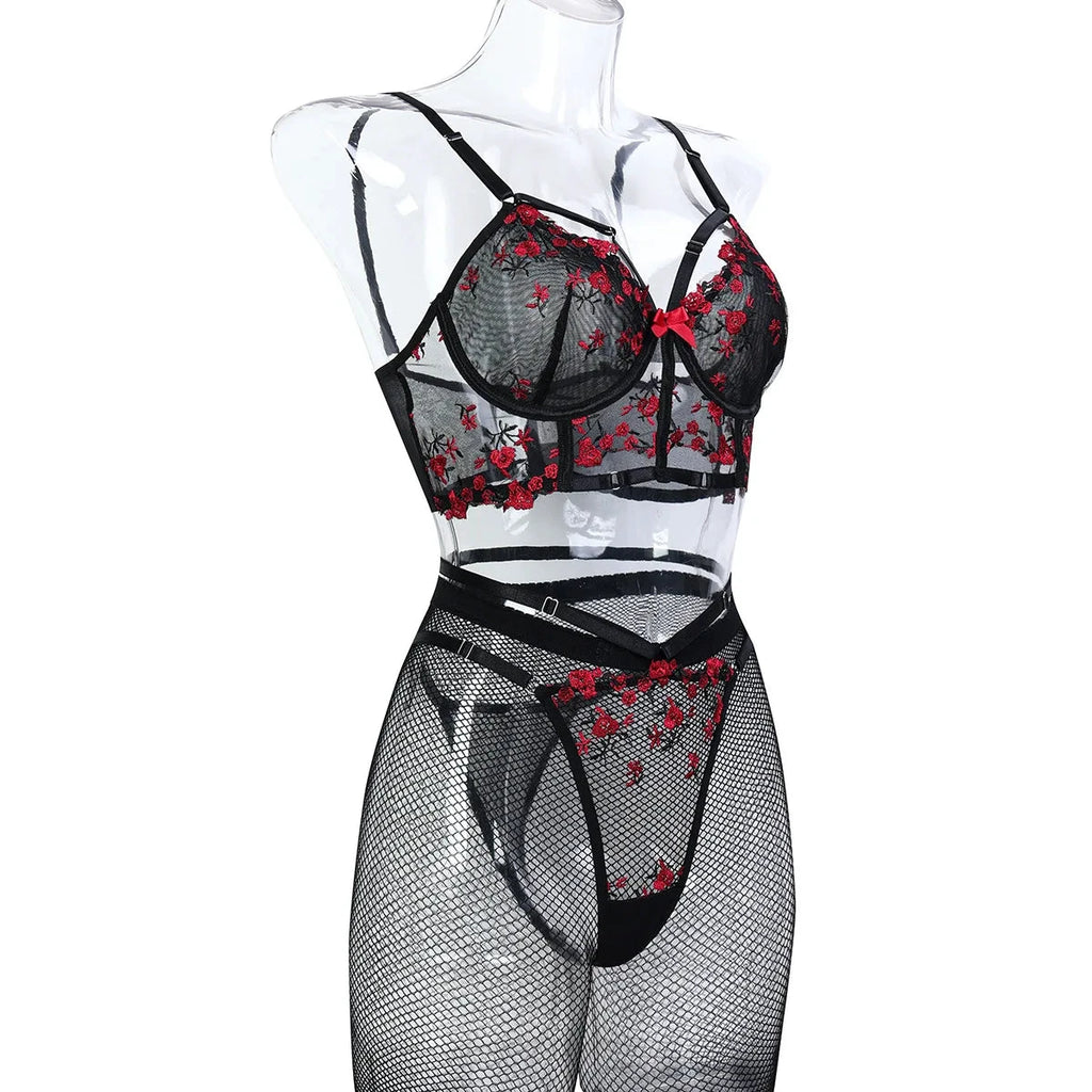Les Secrets de Léa – Ensemble lingerie corset dentelle noir & rouge – Minnie - LSDLBoutique