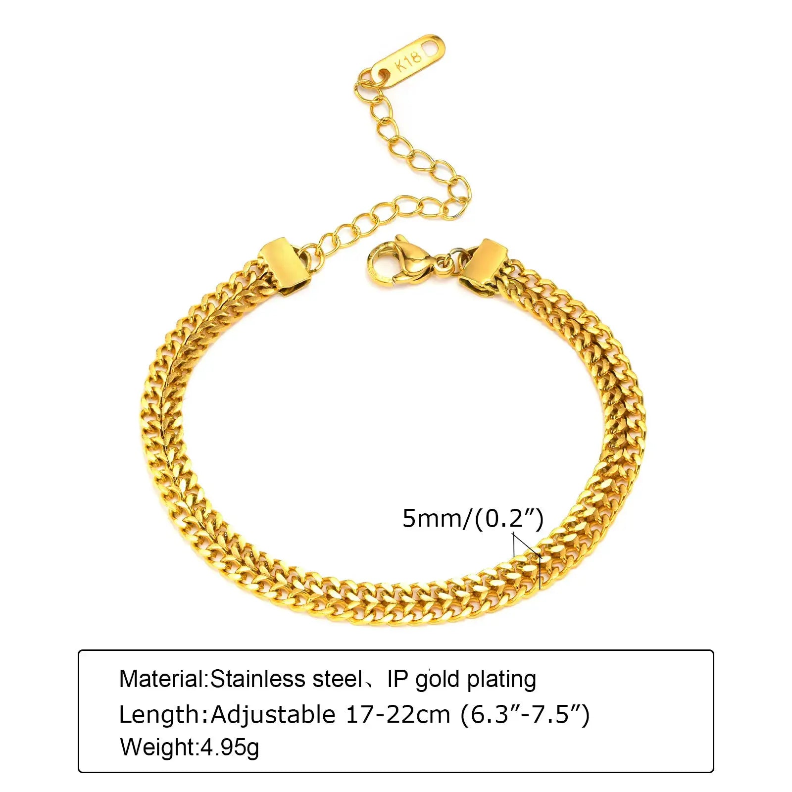 Bracelet trombone réglable en acier inoxydable doré IP, chaîne cubain, fermoir mousqueton
