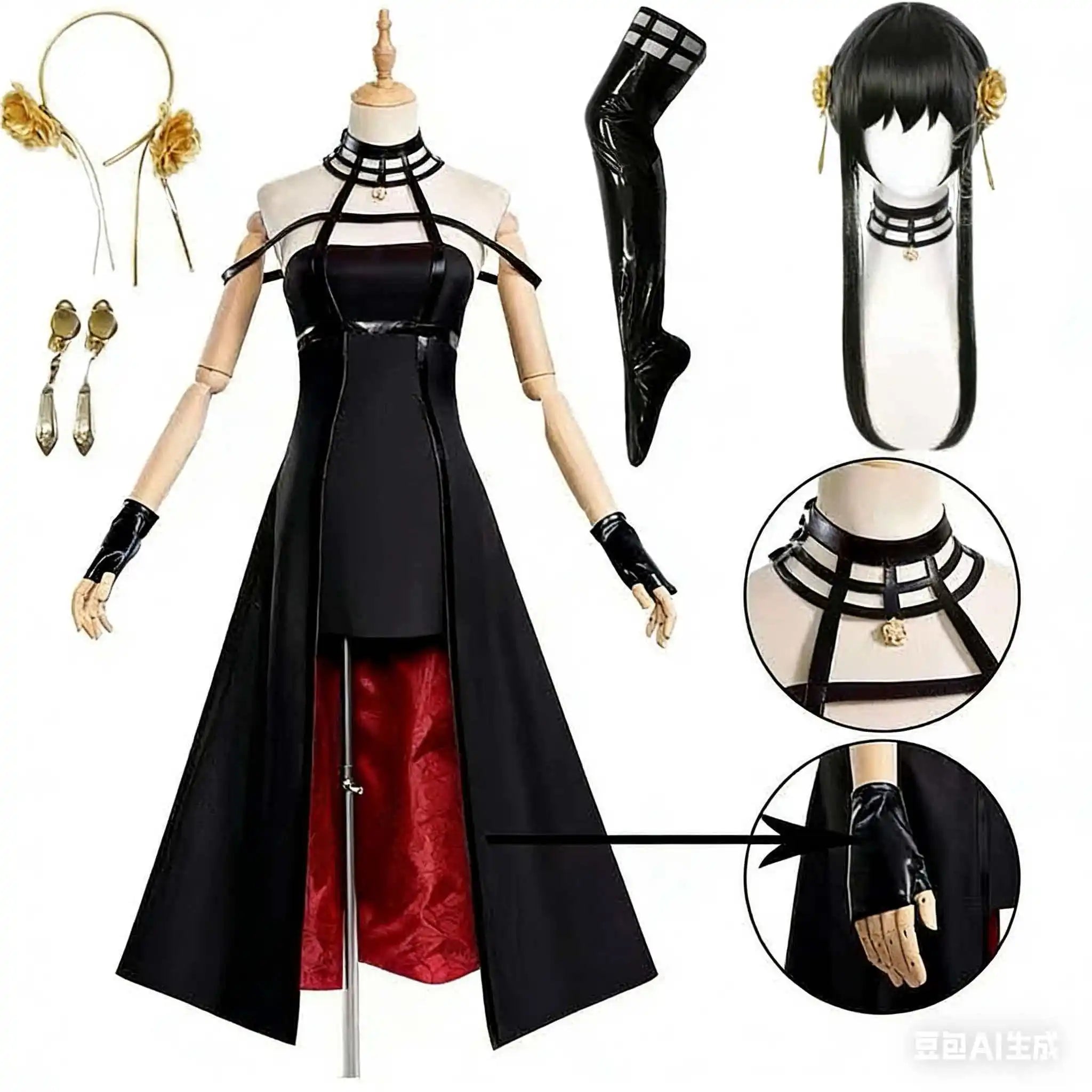 Yor Forger Cosplay Costume Headband Elastic Thigh Stockings Tights Highs Wig Earrings Yor Forger Dress Full Set for Comic Con