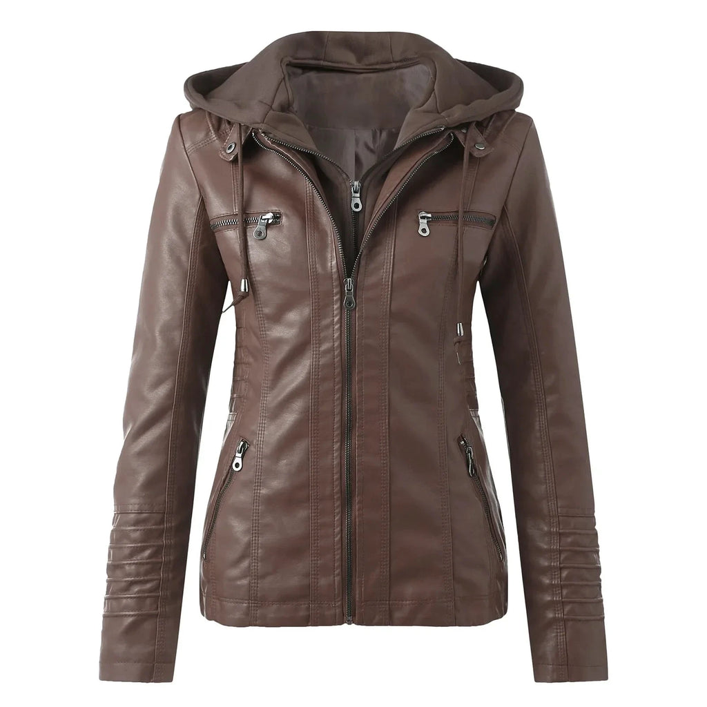Veste Moto Femme Cuir Synthétique à Capuche – Fermeture Éclair – Marron | Les Secrets de Léa