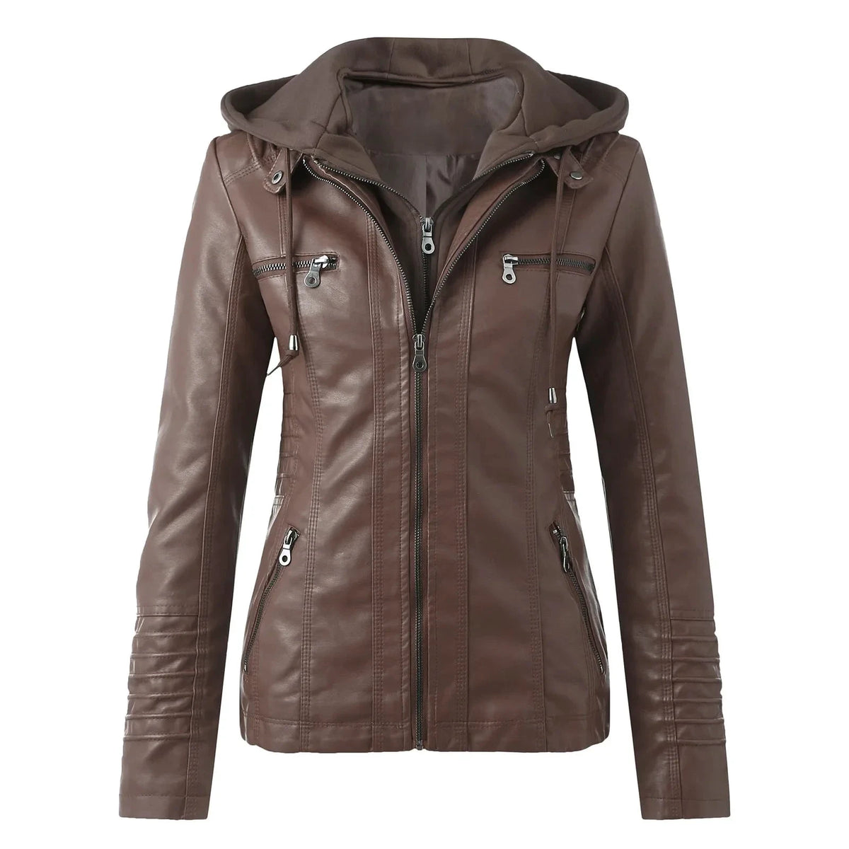 Veste Moto Femme Cuir Synthétique à Capuche – Fermeture Éclair – Marron | Les Secrets de Léa