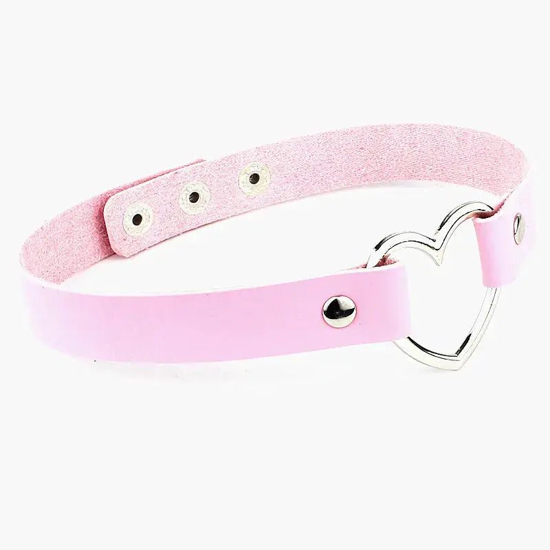 Collier ras du cou en PU rose avec cœur argenté et rivets, look gothique punk