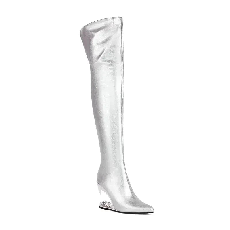 Damen-Overknees – Tigerhai-Zahnmuster – Lackleder