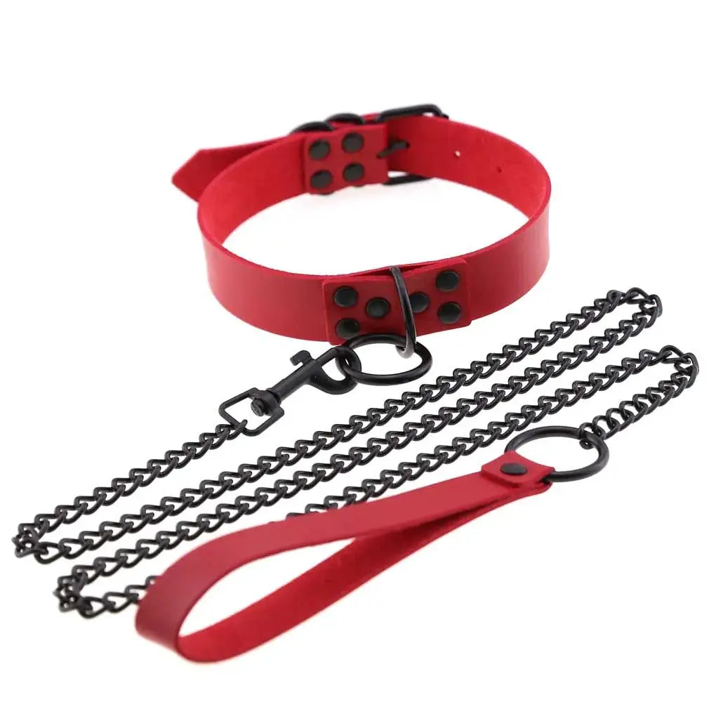 Collier de laisse en cuir synthétique rouge, chaîne noire et mousqueton, style gothique punk LSDLBoutique