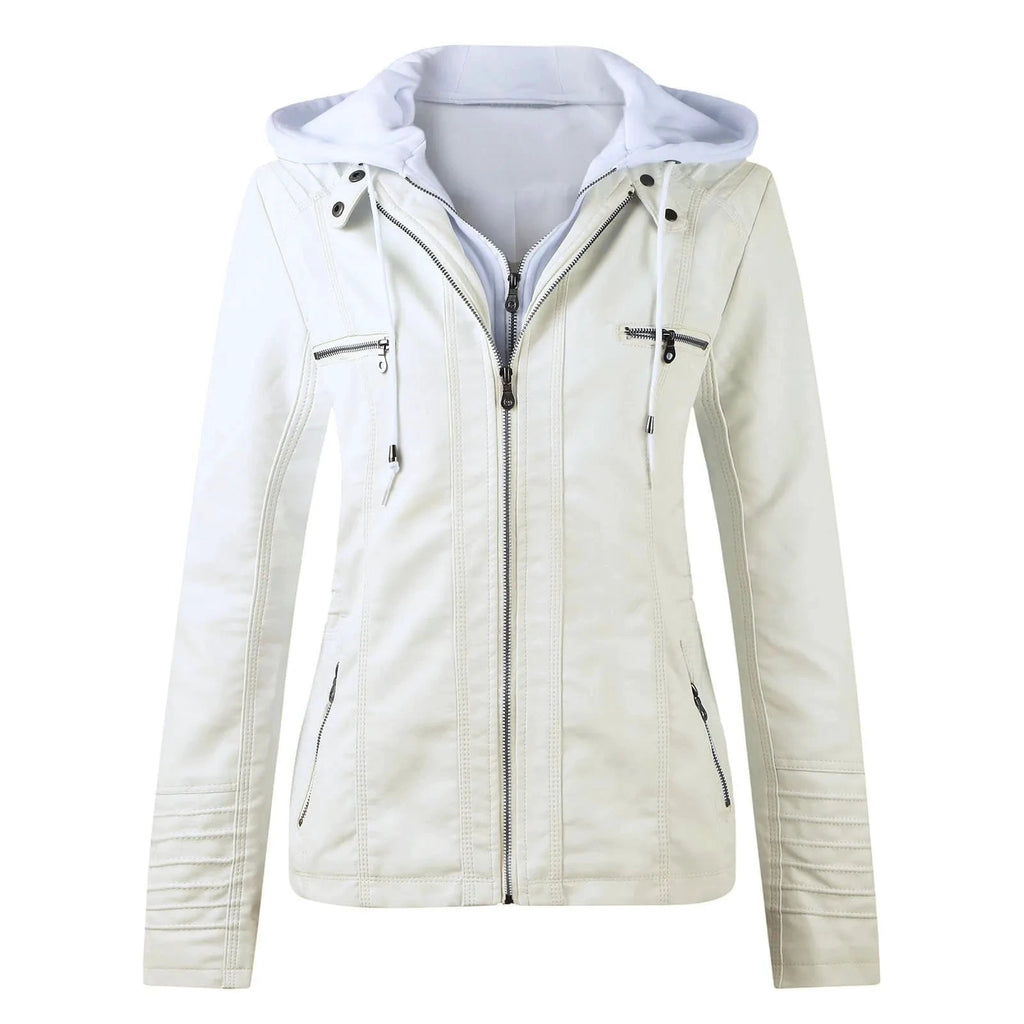 Veste Moto Femme Cuir Synthétique à Capuche – Fermeture Éclair – Blanc cassé | Les Secrets de Léa