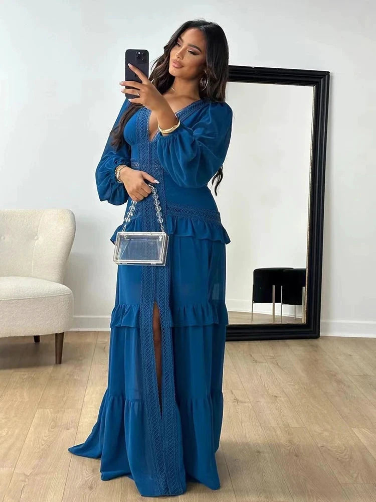 Robe longue ajourée col V taille empire manches lanternes - LSDLBoutique