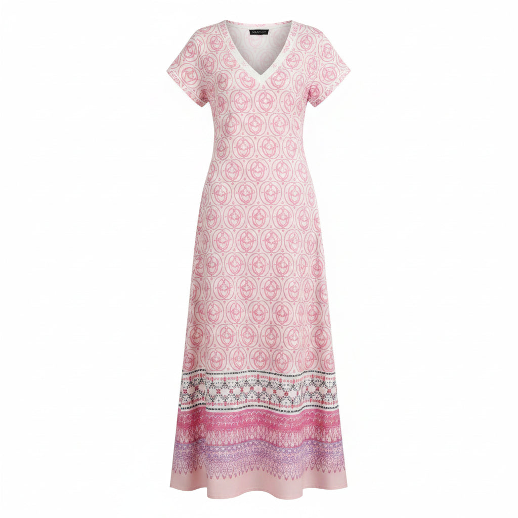 Robe longue bohème florale – Col en V, manches courtes, fente latérale