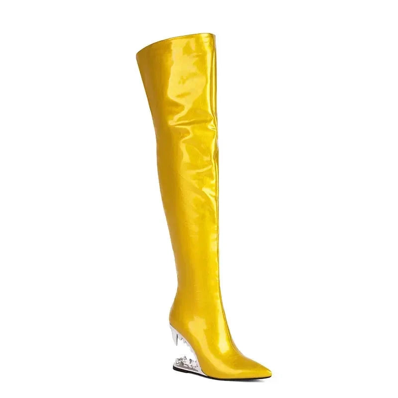 Damen-Overknees – Tigerhai-Zahnmuster – Lackleder