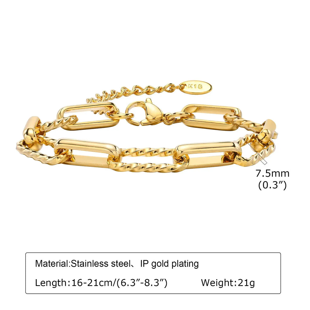 Bracelet trombone réglable en acier inoxydable doré IP, maillons rectangulaires et torsadés.
