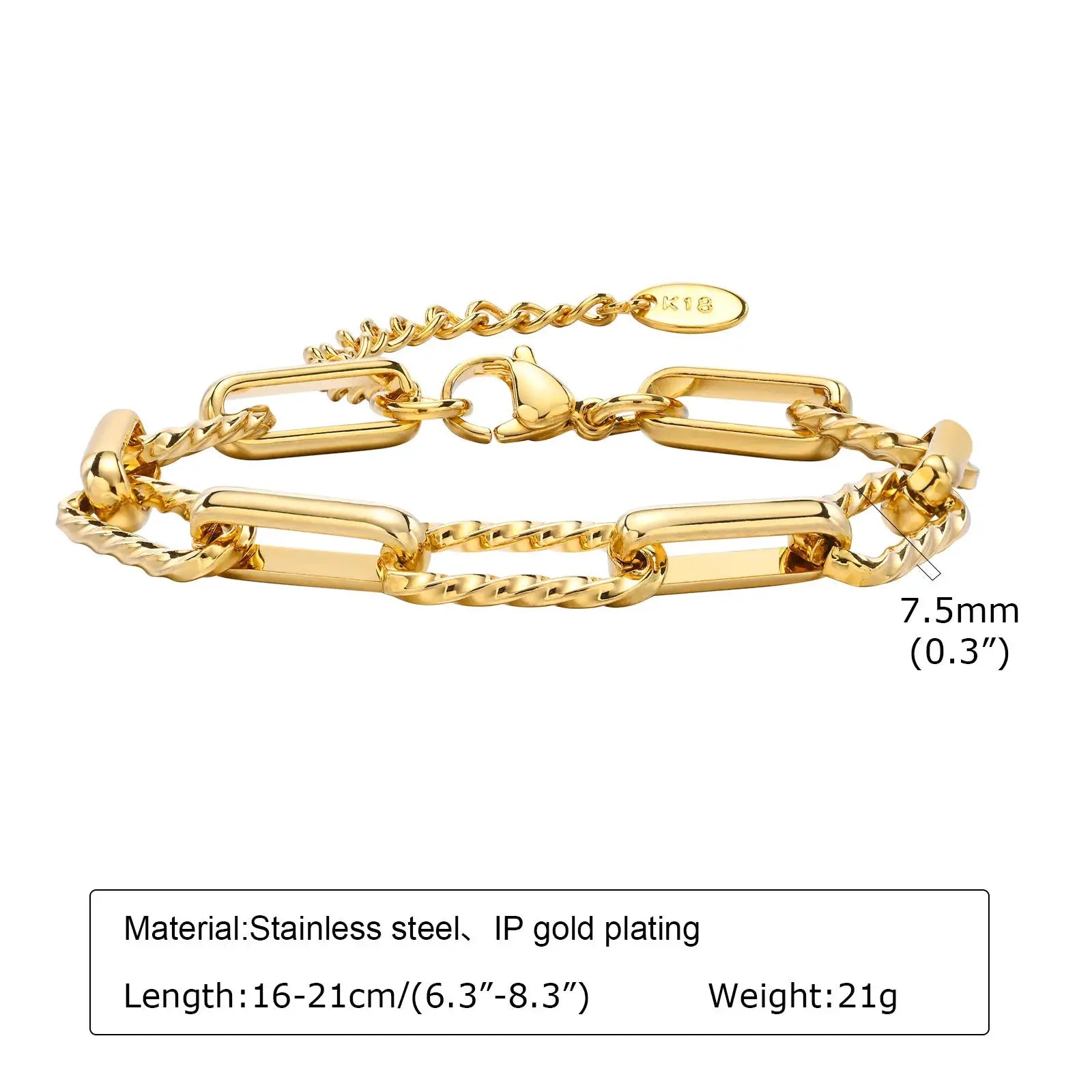 Bracelet trombone réglable en acier inoxydable doré IP, maillons rectangulaires et torsadés.