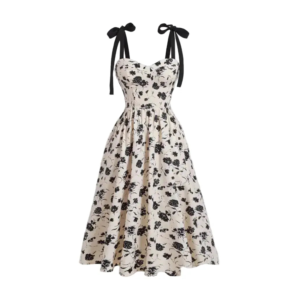 Robe mi-mollet imprimé floral beige à bretelles fines noires