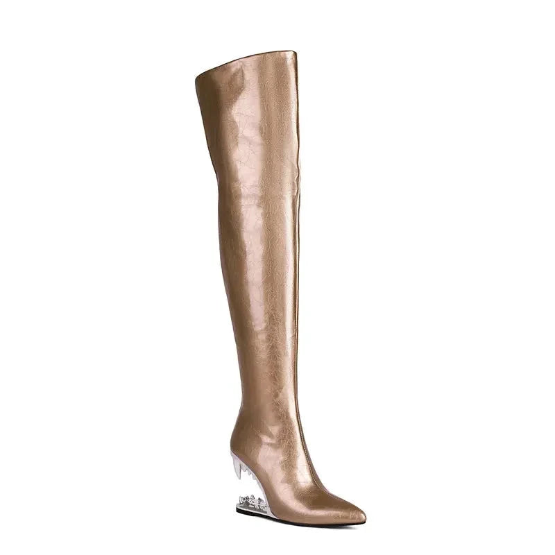 Damen-Overknees – Tigerhai-Zahnmuster – Lackleder