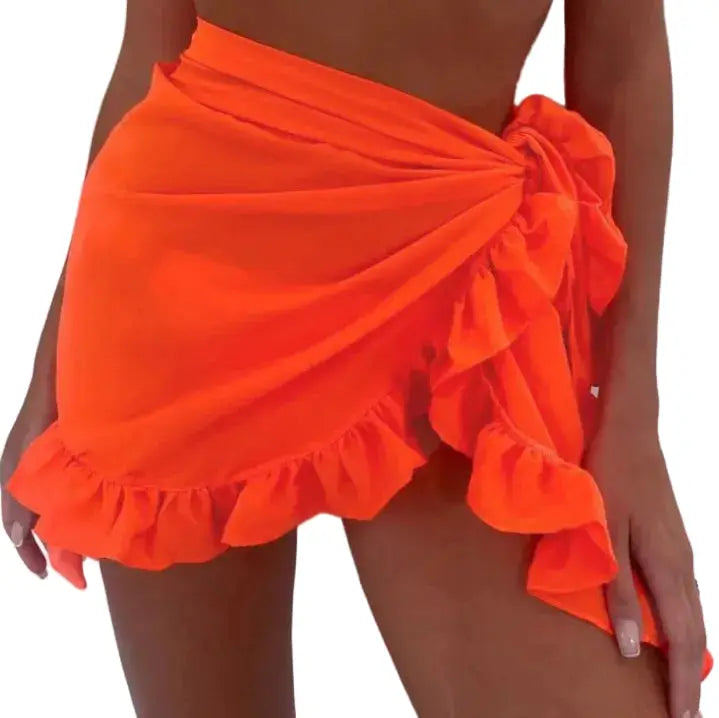 Jupe courte à volants – sarong de plage orange vif, wrap noué et bordure volantée