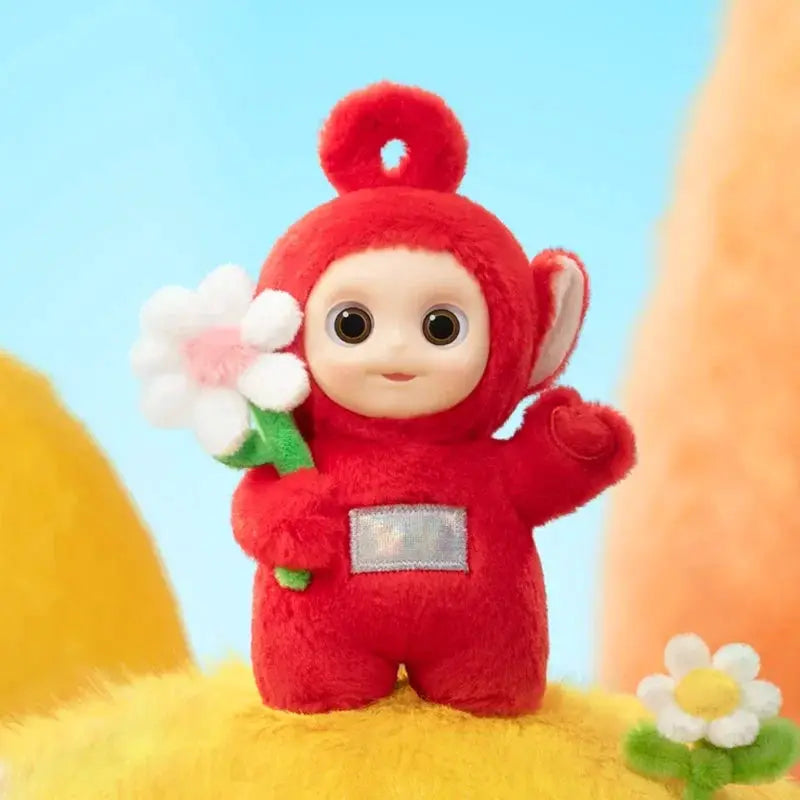 Pendentif en peluche rouge Teletubbies Say Hello tenant une fleur blanche et rose